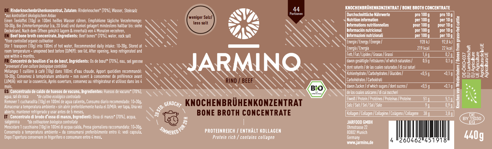 Beef bone broth concentrate - REDUCED SALT (44 servings)