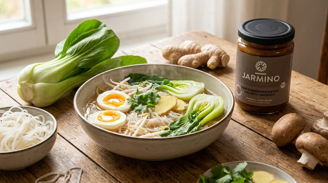 10-Minute Ginger Broth with Egg, Vegetables & Rice Noodles