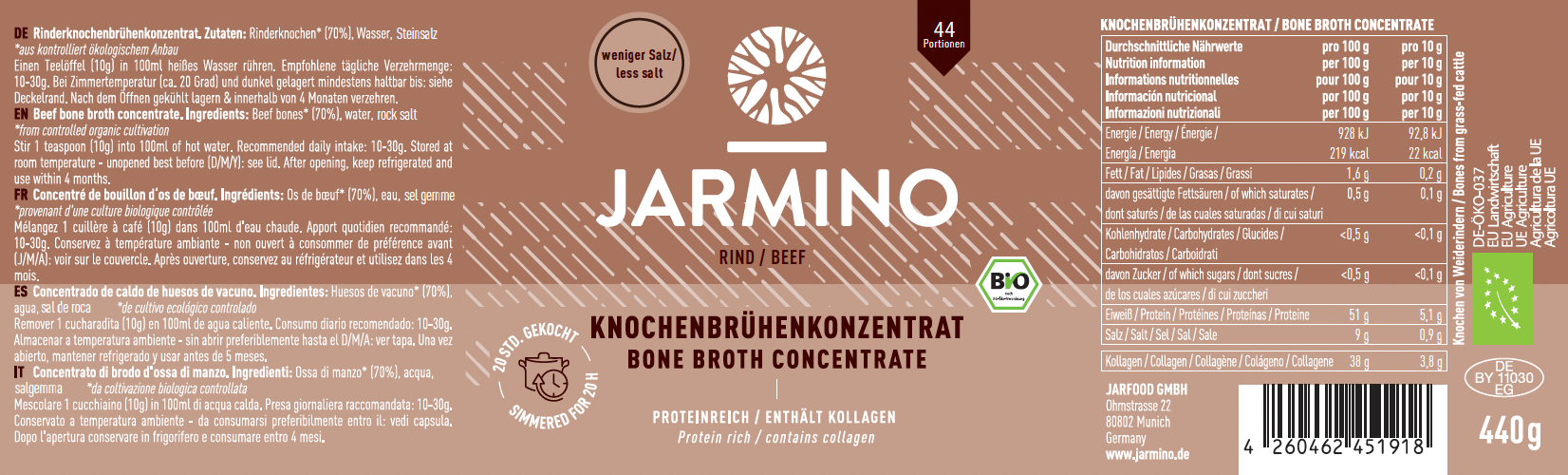 Beef bone broth concentrate - REDUCED SALT (44 servings)
